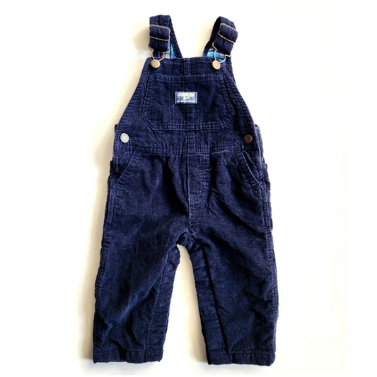 Oshkosh B'gosh Navy Blue Corduroy Overalls Plaid Flannel Lined Size 9-12 months