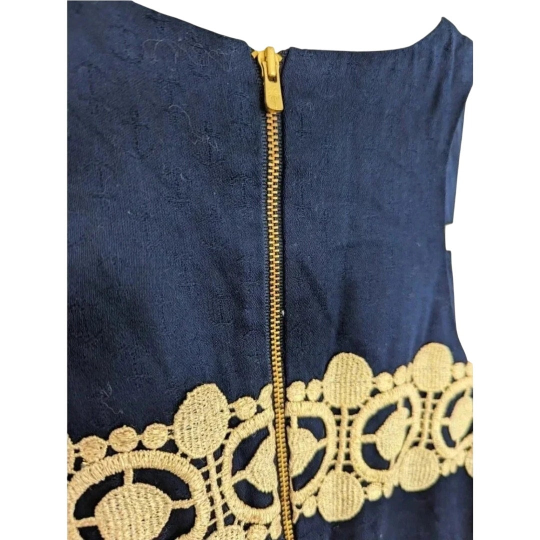 🌸 Lilly Pulitzer Augusta Shift Dress Navy Blue White Gold Lace Trim – Size 0 XS
