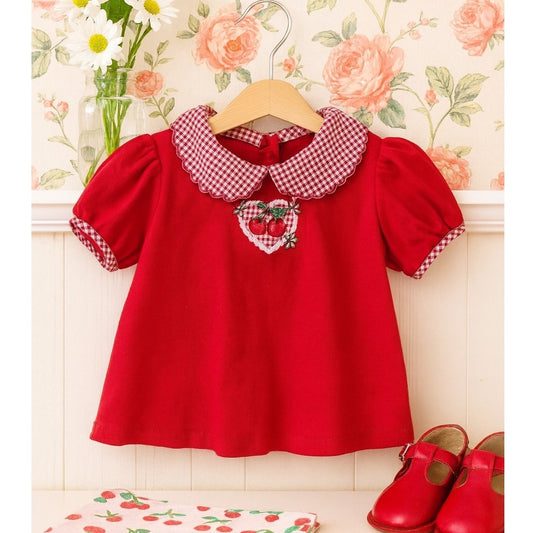 Vintage 1980s Healthtex Girls Red Cherry Gingham Swing Top | Made in USA | Cottagecore Toddler Blouse | Retro Puff Sleeve Shirt | Size 5