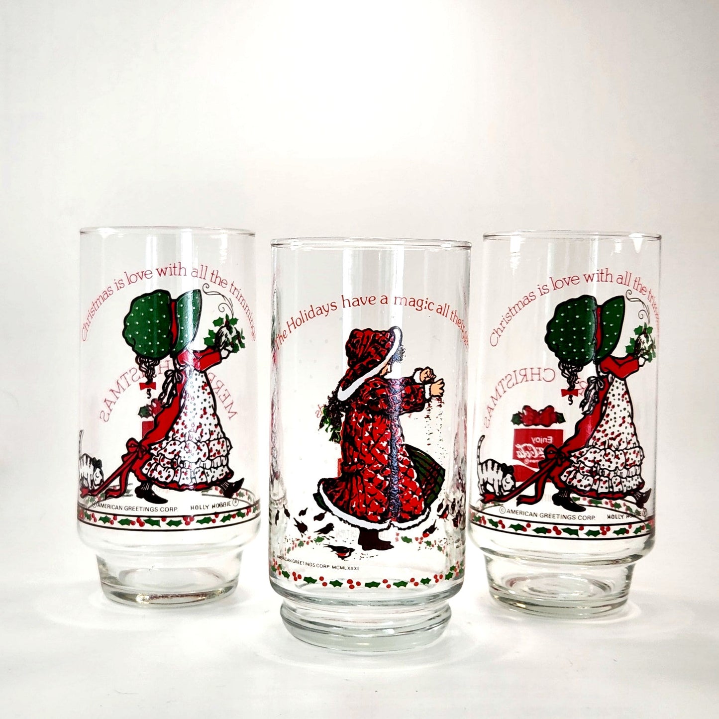 1981 Holly Hobbie Christmas Glasses – Limited Edition Coca-Cola Holiday Collection – Set of 3