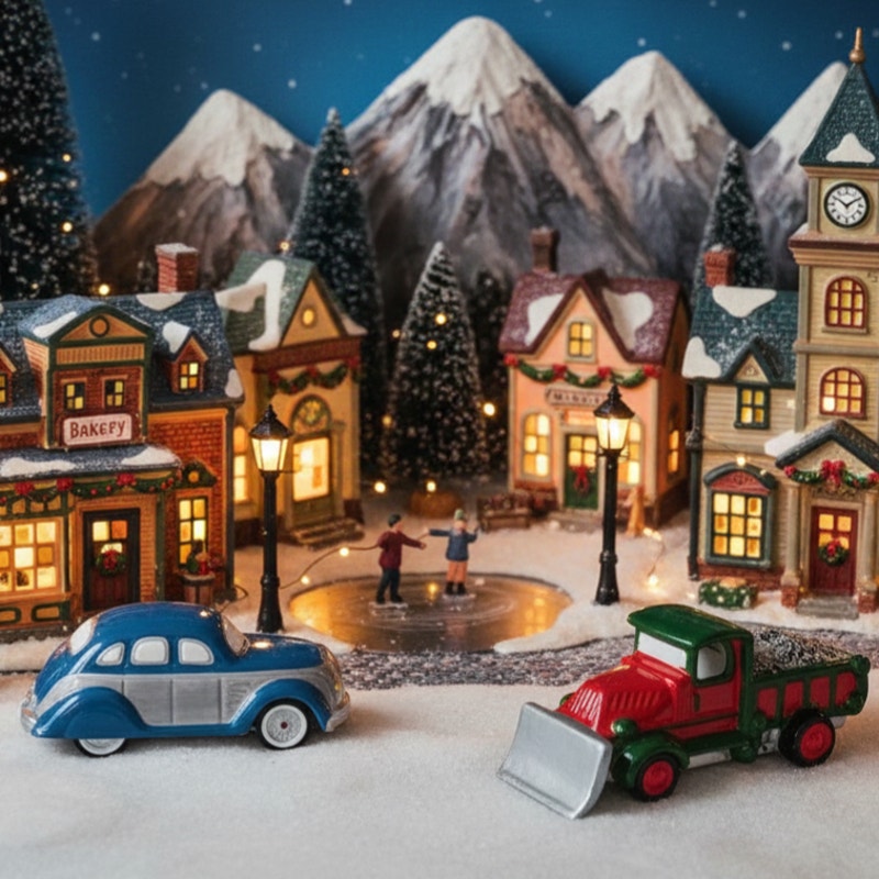 Vintage Department 56 Classic Sedan & Snow Plow — 1990s Snow Village Ceramic Vehicle Set