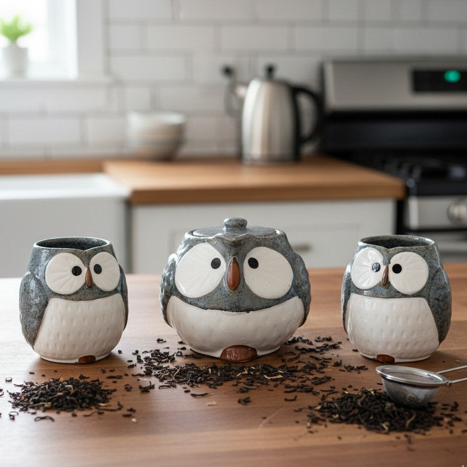 Vintage Owl Teapot Set with 2 Cups – 1970s Japanese Stoneware – Speckled Blue – Otagiri Style