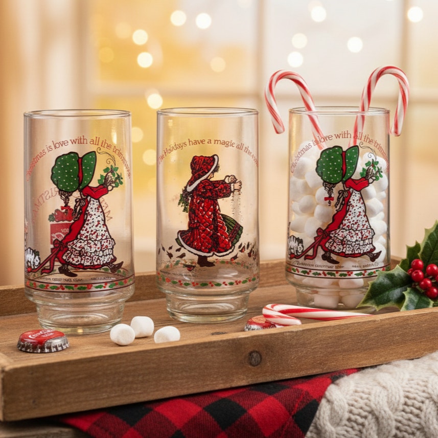 1981 Holly Hobbie Christmas Glasses – Limited Edition Coca-Cola Holiday Collection – Set of 3