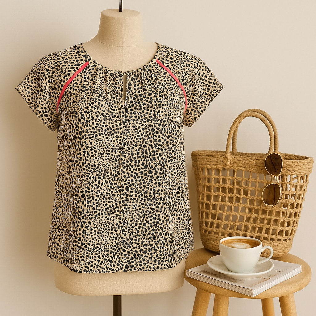Navy Cheetah Print Keyhole Silky Blouse | Women's M