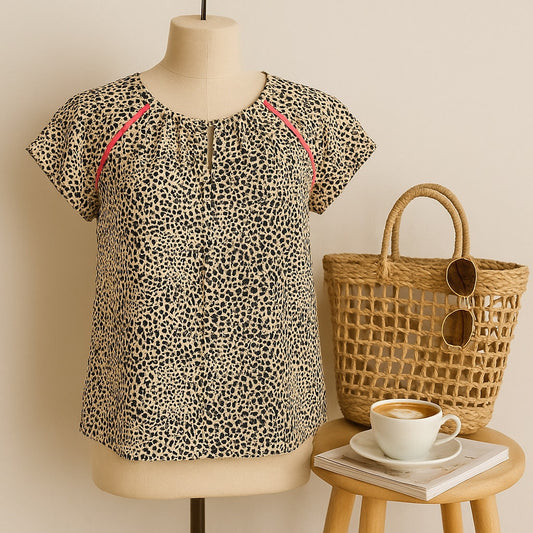 Navy Cheetah Print Keyhole Silky Blouse | Women's M