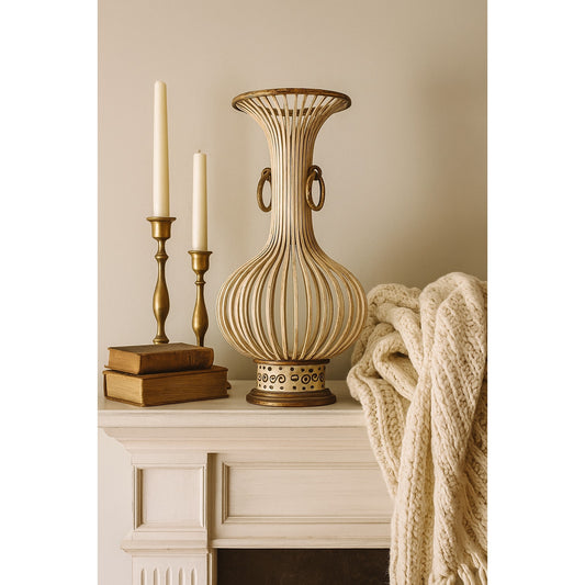 Vintage Decorative Metal Open Cage Vase with Brass Rings | Antique Distressed Metal Vase | Collectible Coastal Farmhouse Home Décor