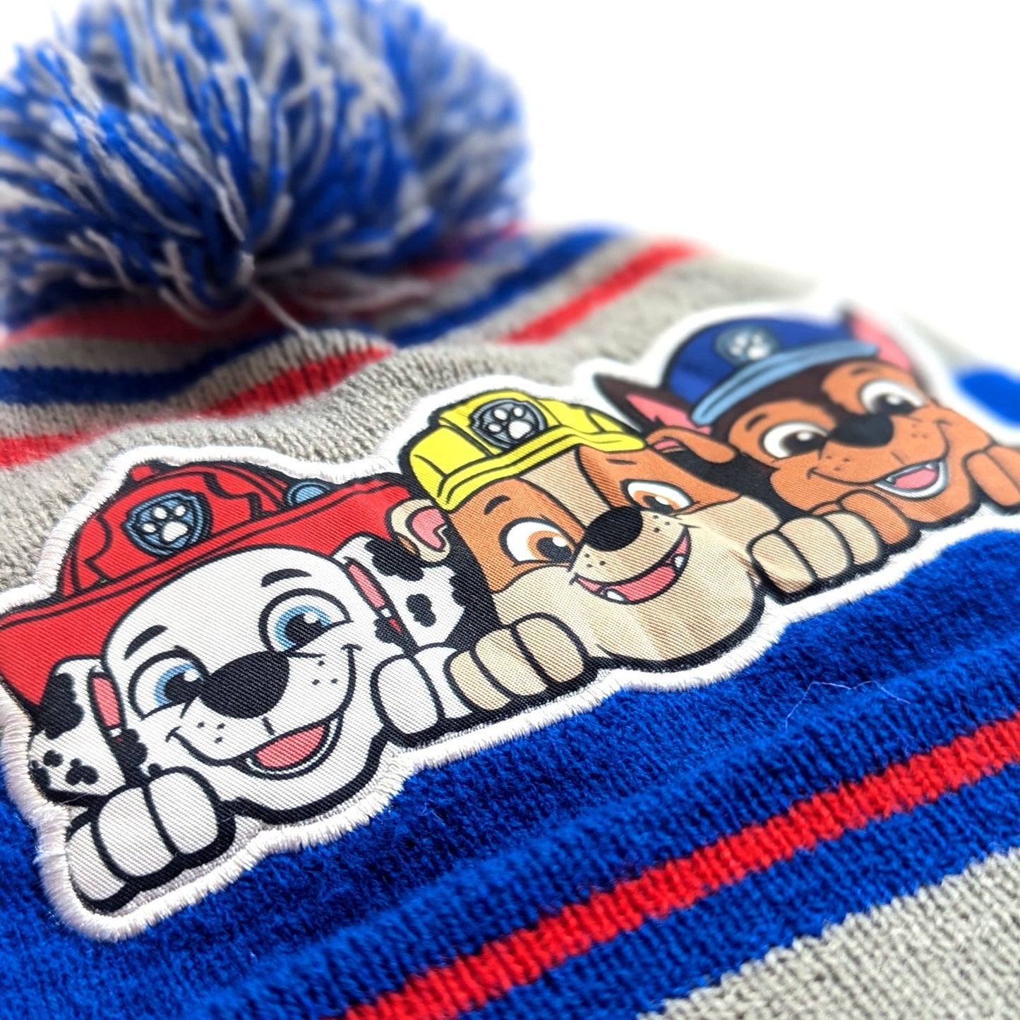 Nickelodeon Paw Patrol Toddler Winter Beanie Hat – Pom Pom Blue, Red & Gray Stripes
