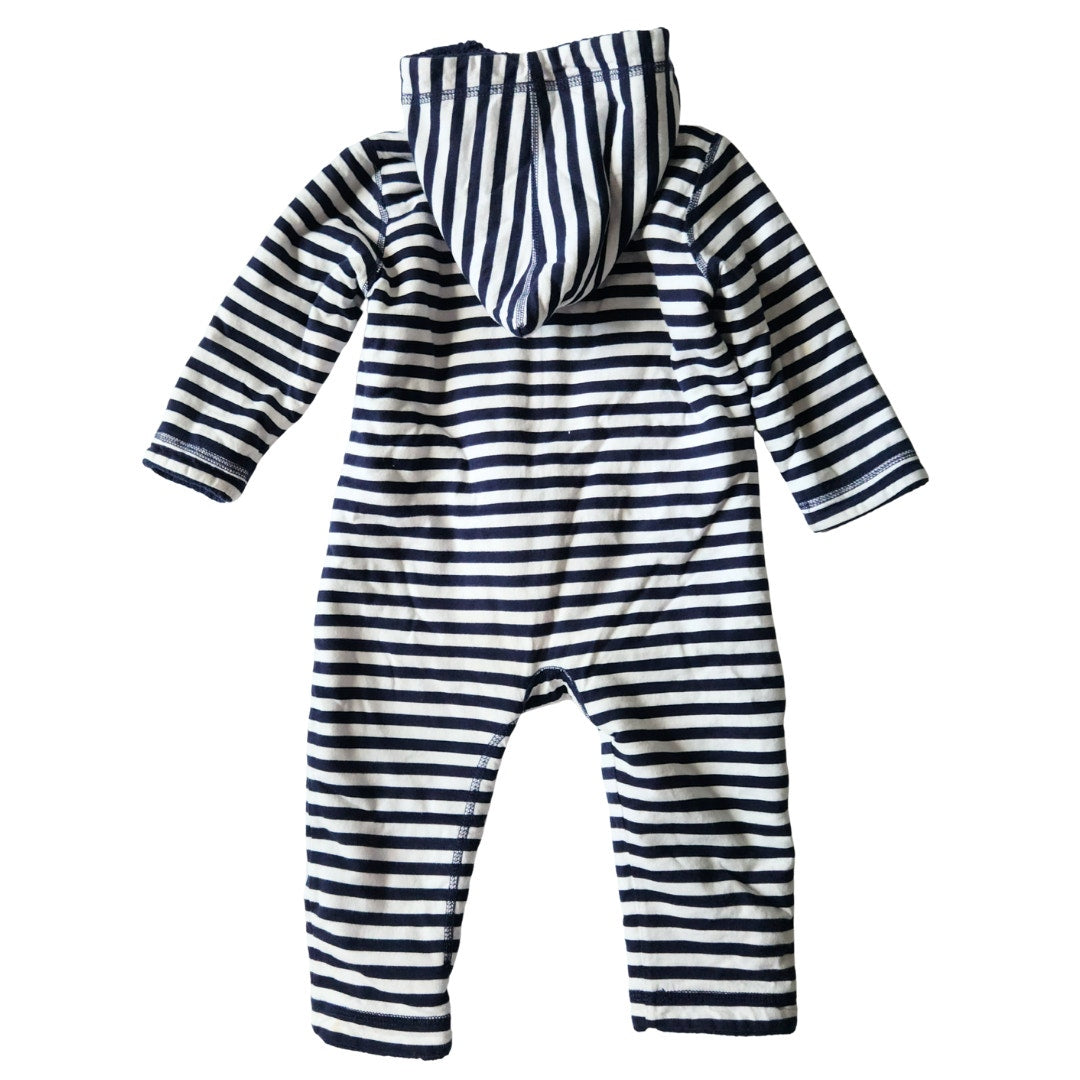 Reversible Striped Hooded Baby Fleece Bunting Coat | Navy Blue & White | Size 60 (3–6 Months)