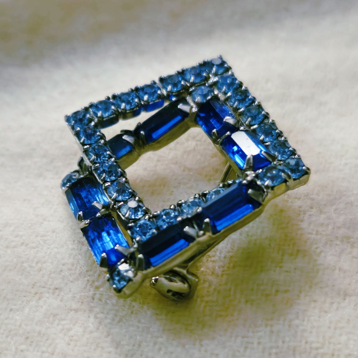 Vintage Art Deco Square Blue Rhinestone Brooch | Mid Century Statement Pin