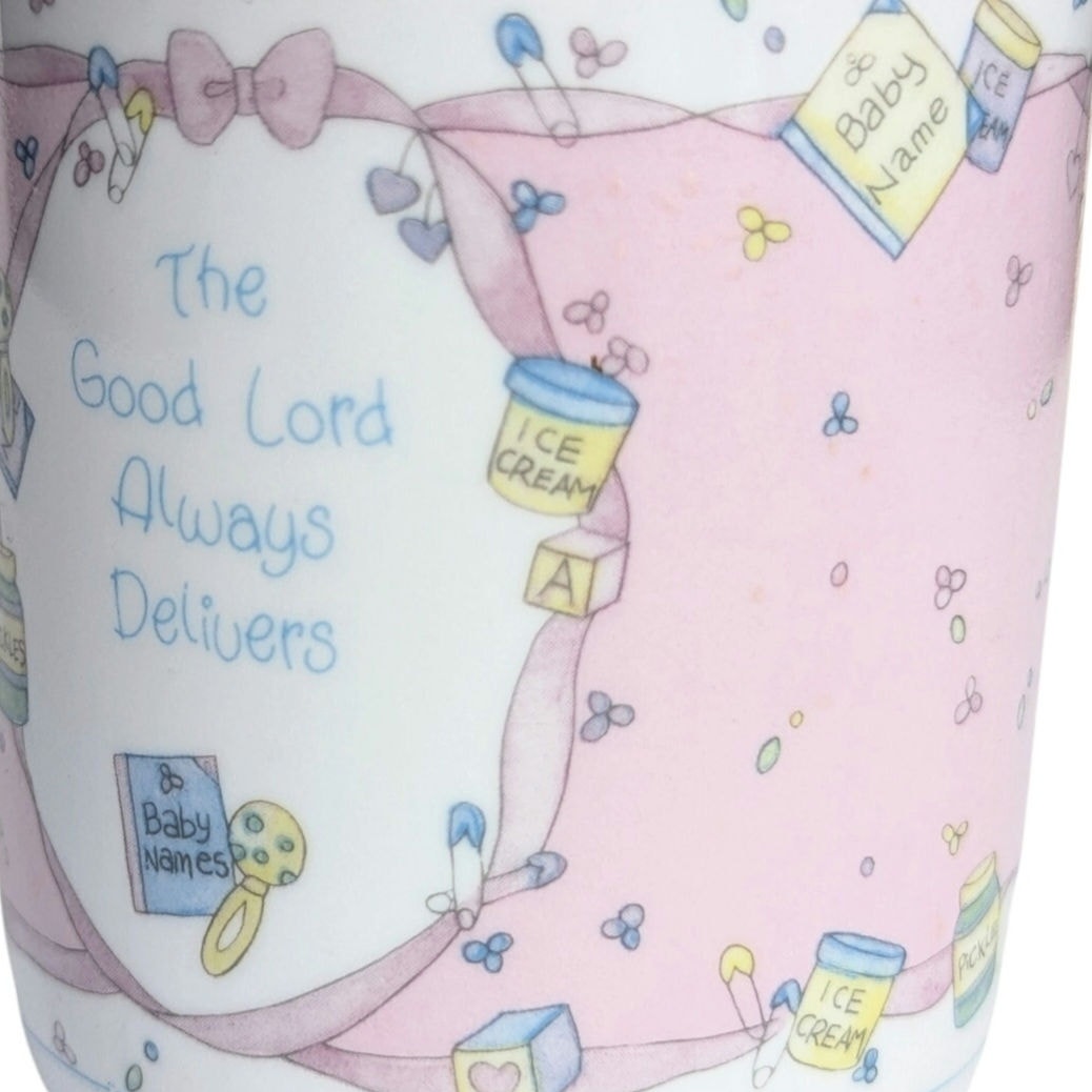 Precious Moments Enesco Mug – “The Good Lord Always Delivers” Baby Theme, Vintage 1991 Ceramic Cup, Christian Home Collectible