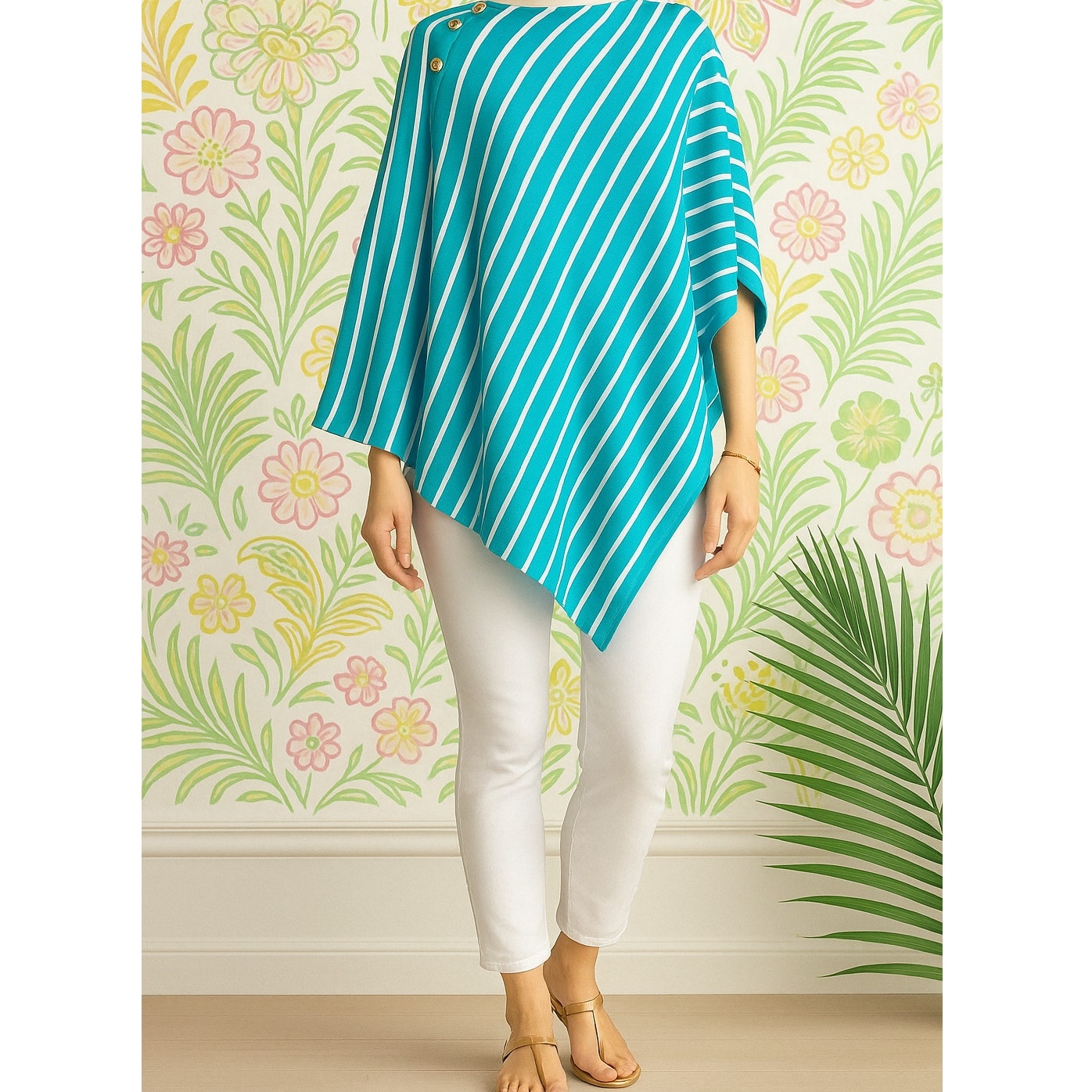 Lilly Pulitzer Harp Wrap Poncho Sweater | Turquoise Getaway Stripe | One Size | Women
