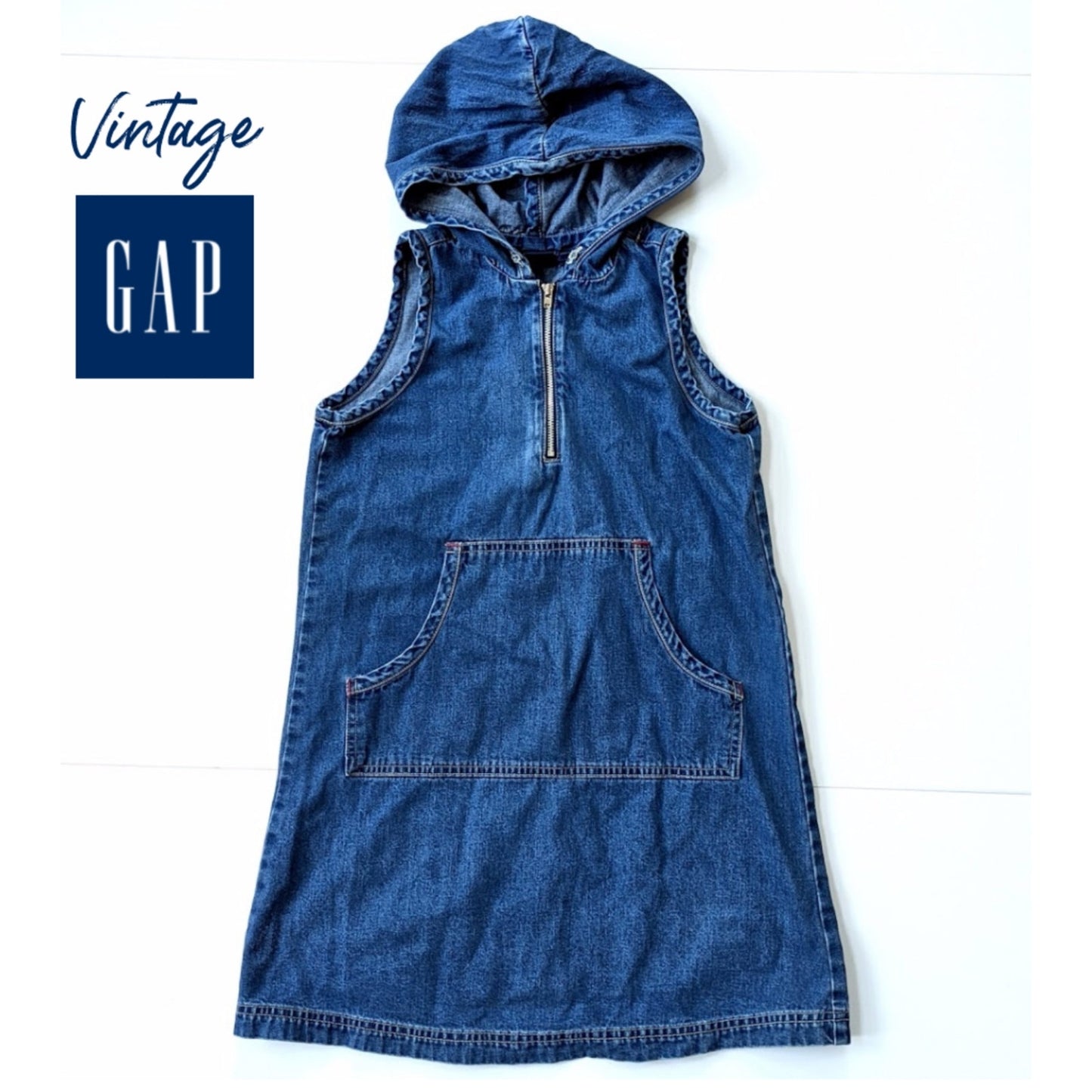 Vintage 90s GAP Girls Denim Hoodie Jumper Dress | Kangaroo Pocket, Zipper Front, Dark Blue Wash | Size Large 10-12