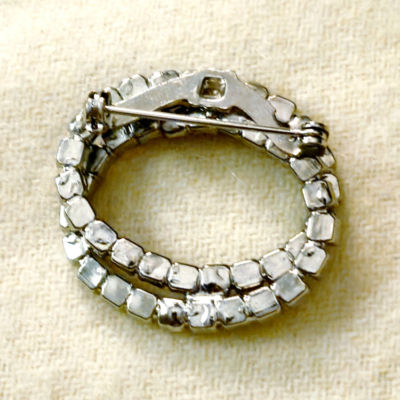 Vintage Sapphire Blue and Diamond Rhinestone Circle Brooch | Mid Century Double Row Wreath Pin