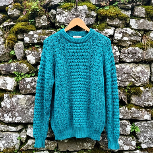 1980s Handknit Irish Sweater | Teal Honeycomb Cable Knit | 100% Pure Wool | Size 44 / Women L/XL