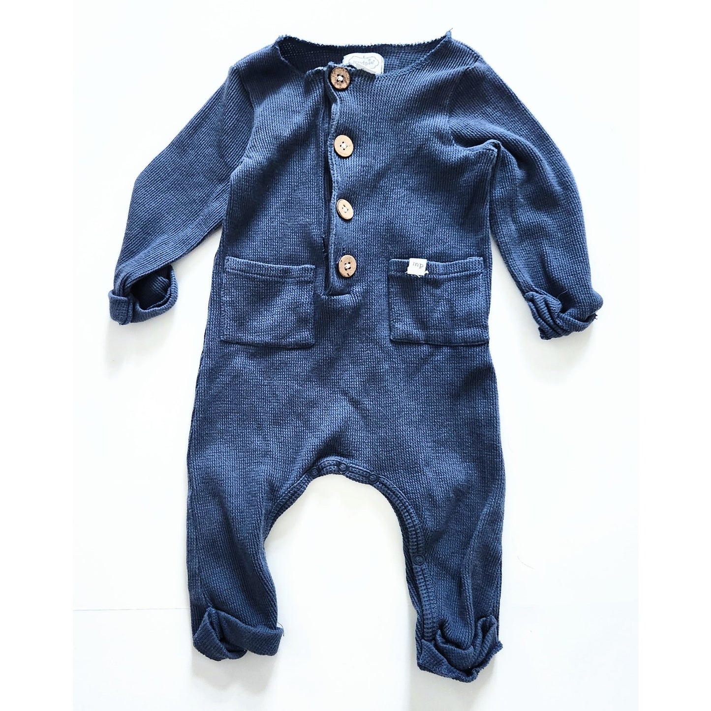 Waffle Knit Romper with Coconut Buttons | Slate Blue | Size 6-9 Months