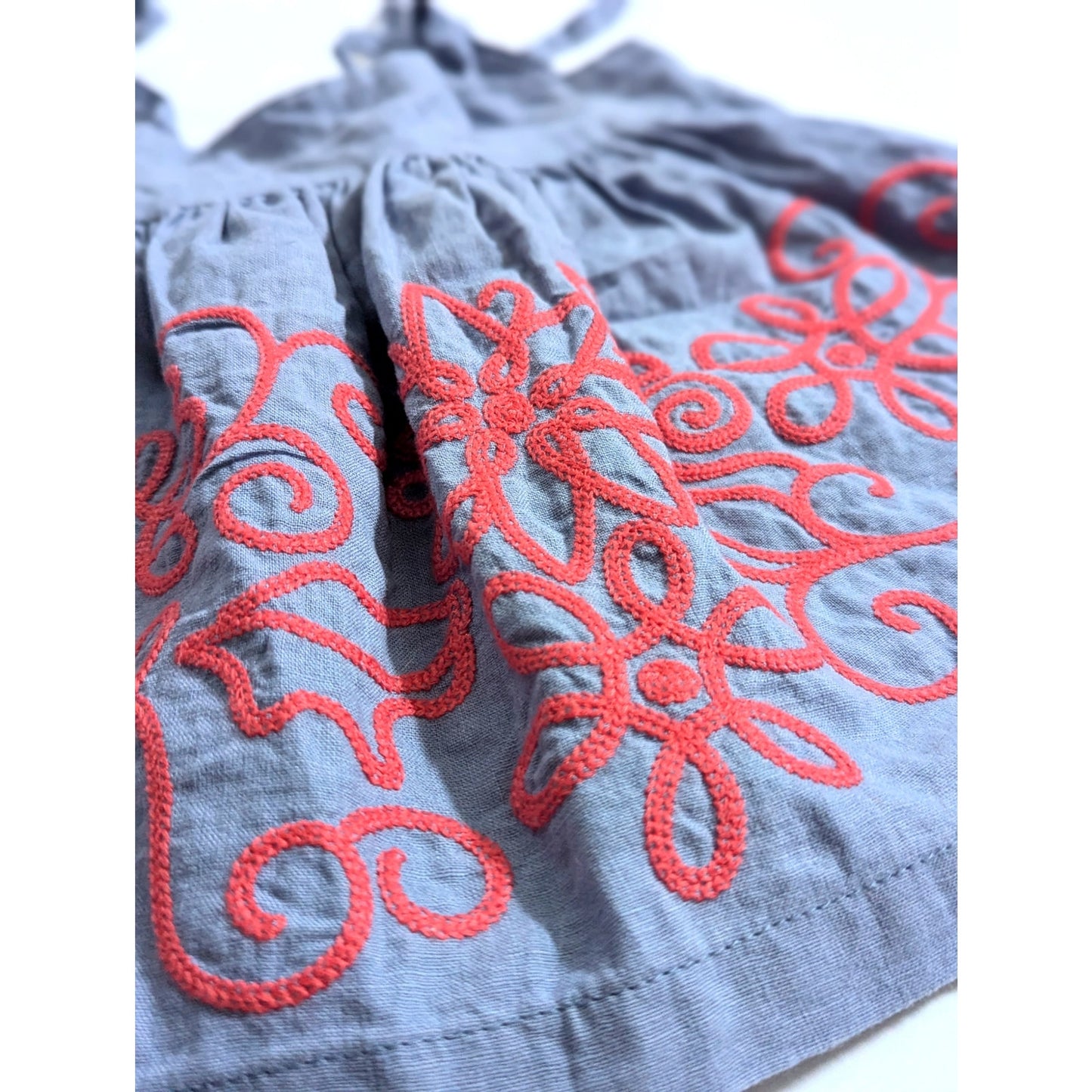 Tea	Collection Linen Blend Blue Chambray Red Embroidered Dress Size 3-6 months