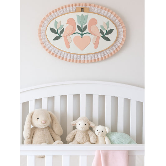 Vintage Cottagecore Peach Love Birds Tulips Heart Hoop Wall Art – Large 18"x26" | Home Decor