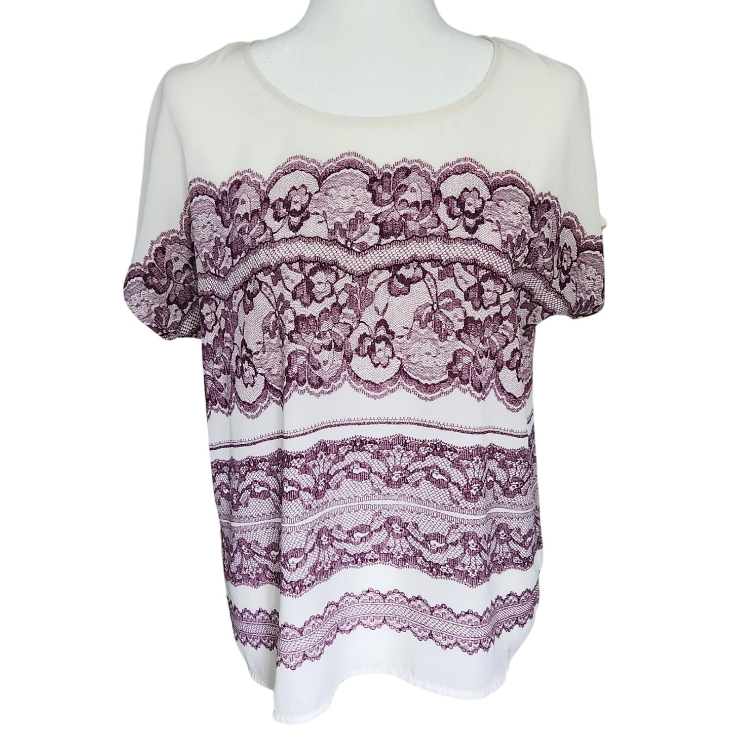 Under Skies Women’s Short Sleeve Purple Lace Print Blouse | Lightweight Pleated Top | Women's Size M