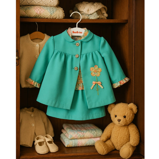 Vintage Mid-Century Terri Girl Teal Twill Floral Dress with Overcoat | Size 2T