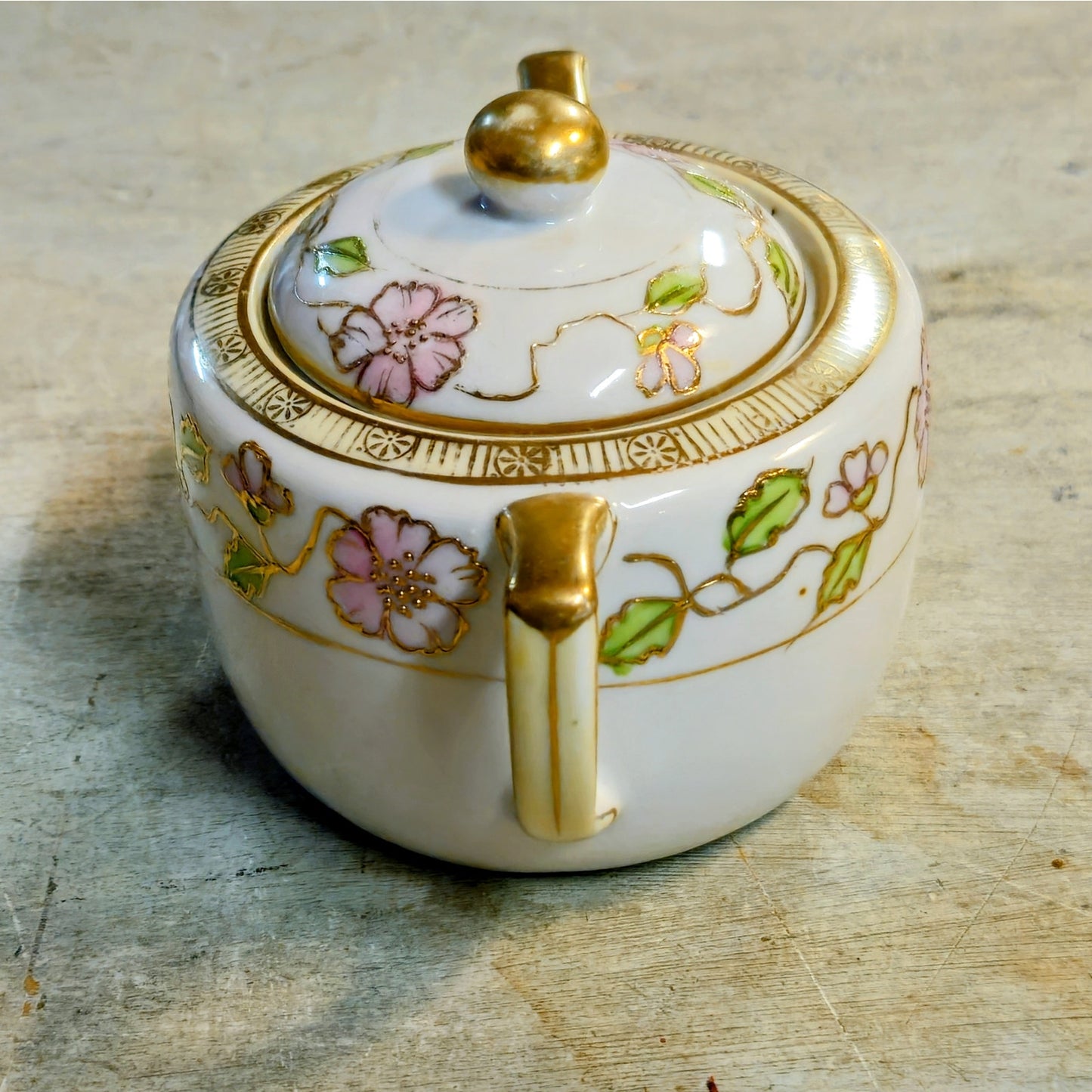 Antique Japanese Nippon Porcelain Cherry Blossom Creamer & Covered Sugar Bowl