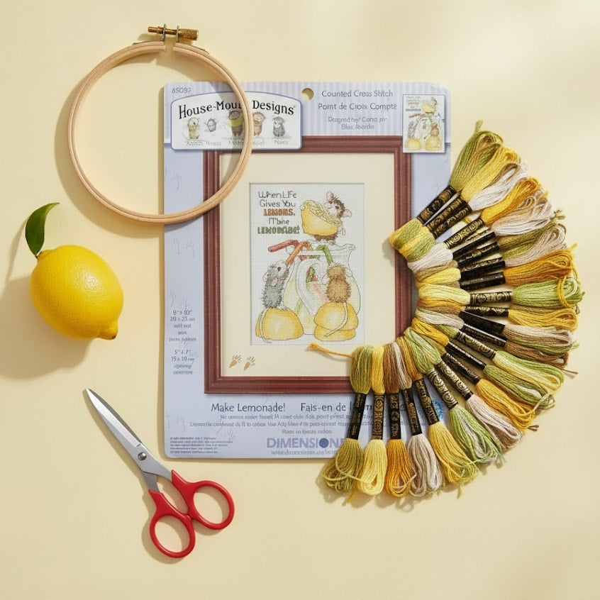 House-Mouse Cross Stitch Kit “Make Lemonade” – Dimensions 2006 – Counted Cross Stitch 5x7 – New Unsealed – Vintage Craft Kit | Home
