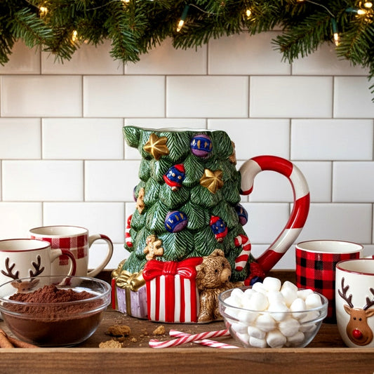 1994 Christmas Tree Ceramic Pitcher with Candy Cane Handle, Teddy Bear & Gift Box Details
