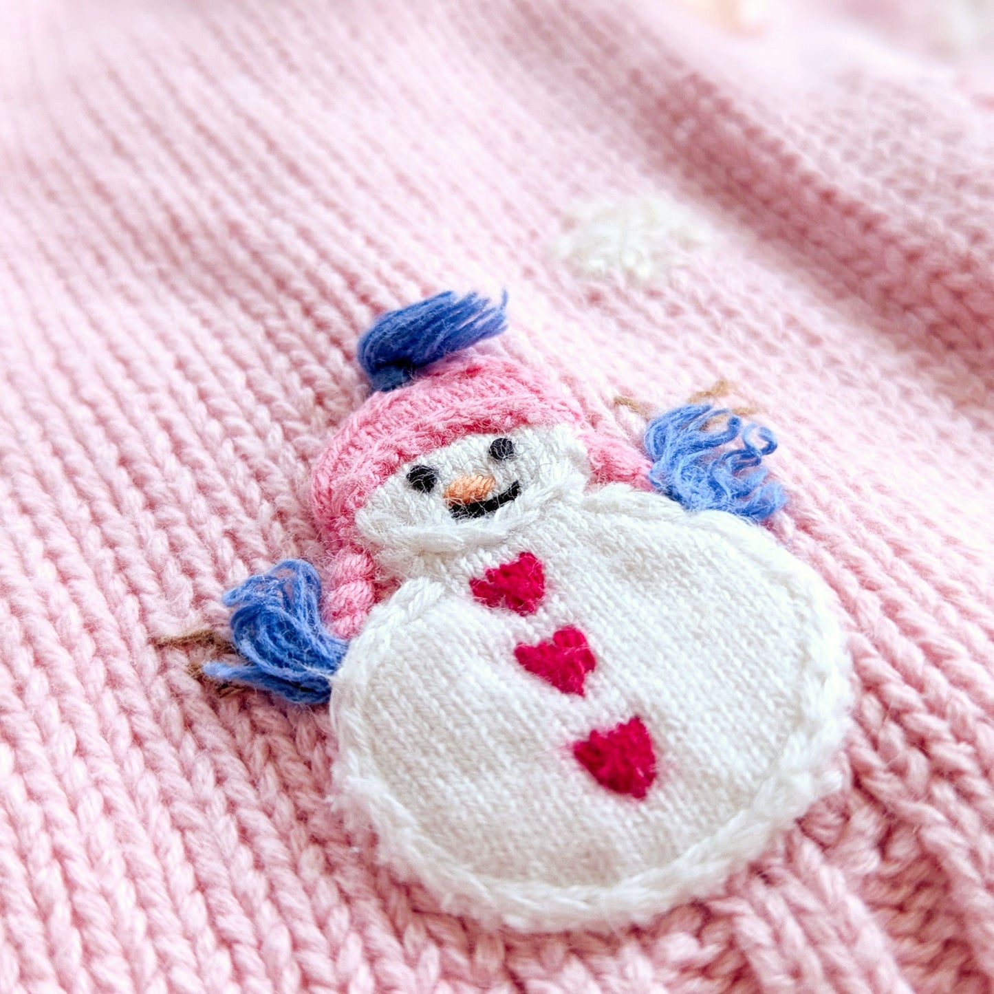 Talbots Kids Vintage 1990s Baby Girl Winter Cardigan | Pink Cotton Knit Sweater with Snowman Appliques | Puff Sleeves 12M | Eczema-Friendly