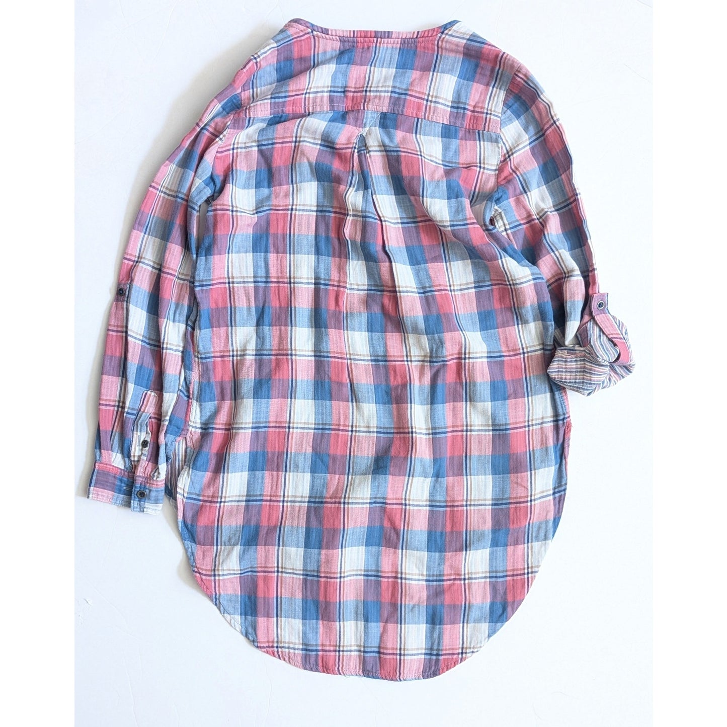 Anthropologie Holding Horses Plaid Tunic Top | Women’s 6 | Pink Mauve Blue Cotton Gauze | High Low Blouse