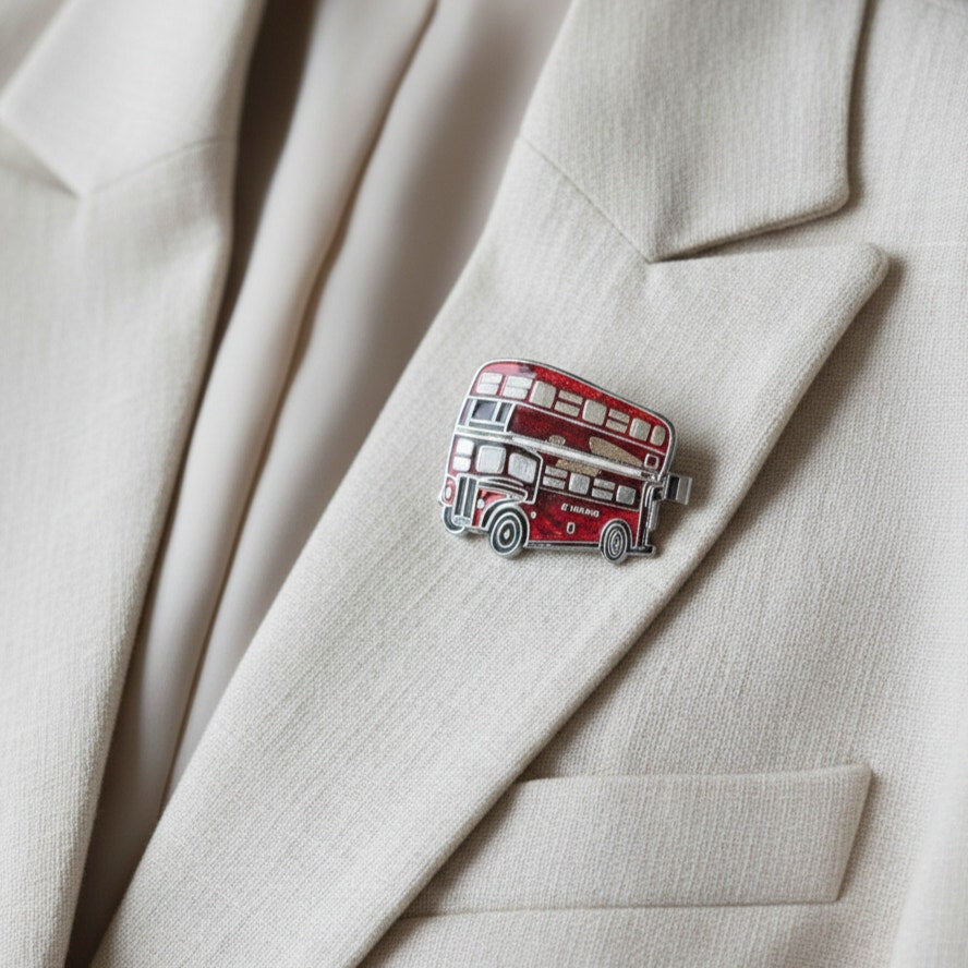 Vintage 1980s Red Double Decker Bus Brooch | Glitter Enamel London Bus Pin | Retro Graphic Jewelry