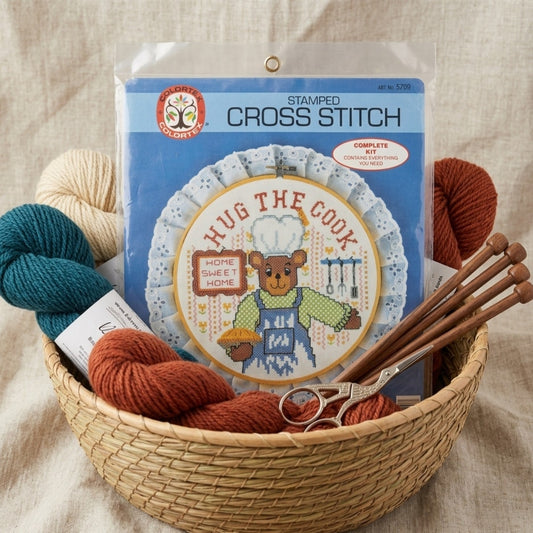 Vintage 1986 Colortex “Hug the Cook” Bear Stamped Cross Stitch Kit – Kitchen Home Decor – Teddy Bear Chef Embroidery – Complete Sealed 10.5”