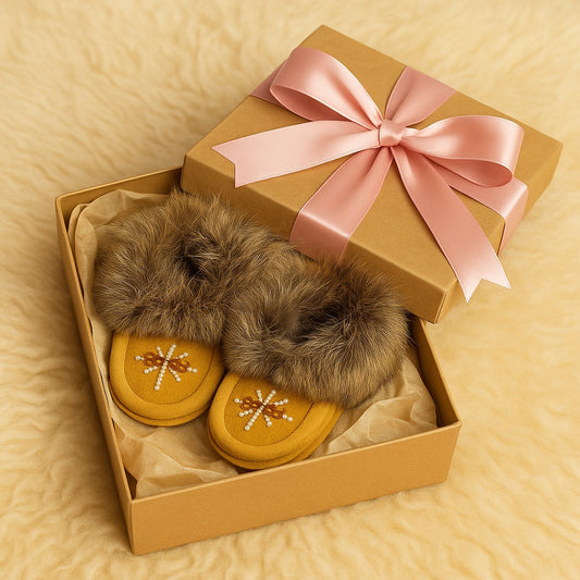 Laurentian Chief Baby Moccasins | Rabbit Fur Trim | Hand-Beaded | Size 4 | Suede Leather | Made in Canada