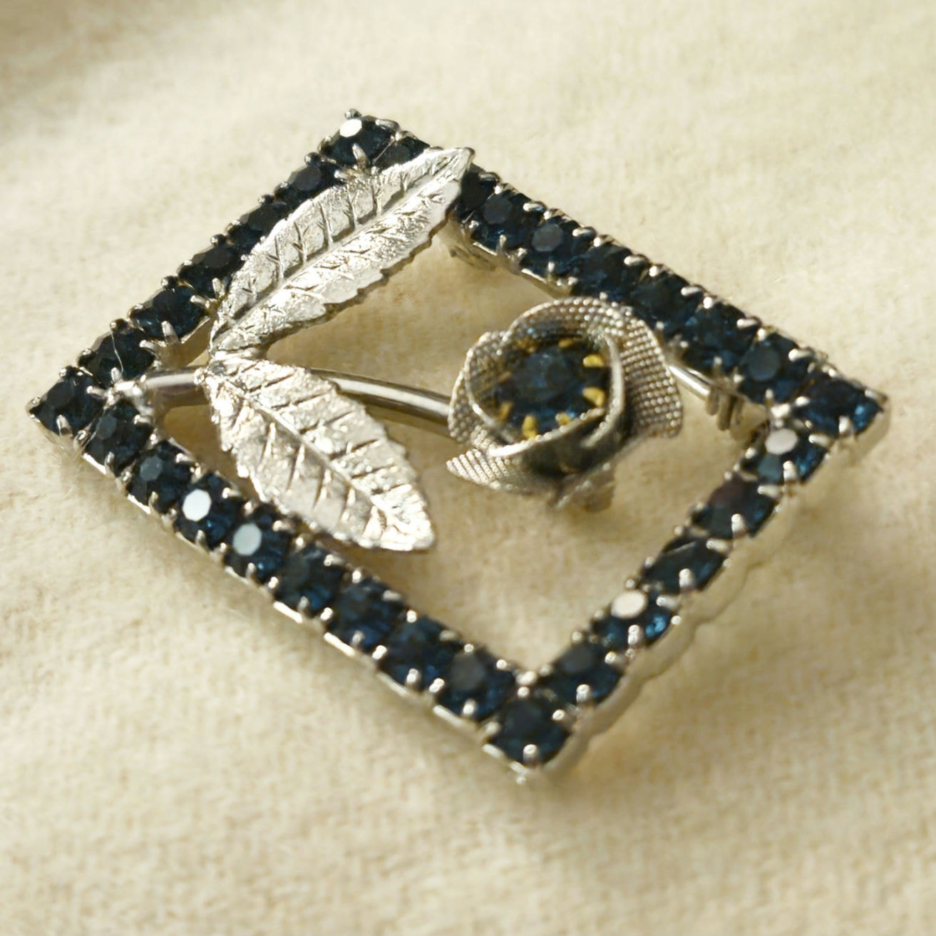 Vintage Mid-Century Blue Rhinestone Flower Brooch | Sapphire Crystal Rectangular Pin