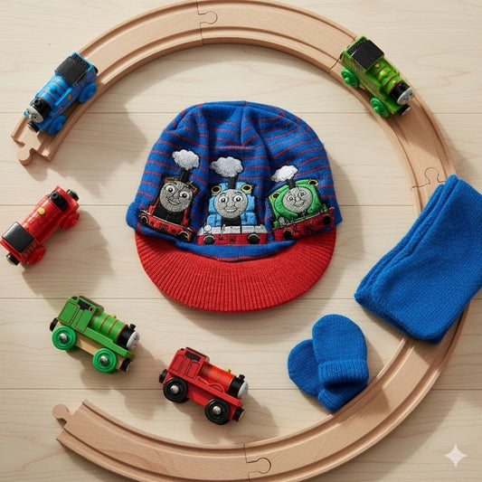Toddler Knit Brimmed Hat – Blue & Red Trains / Tank Engines