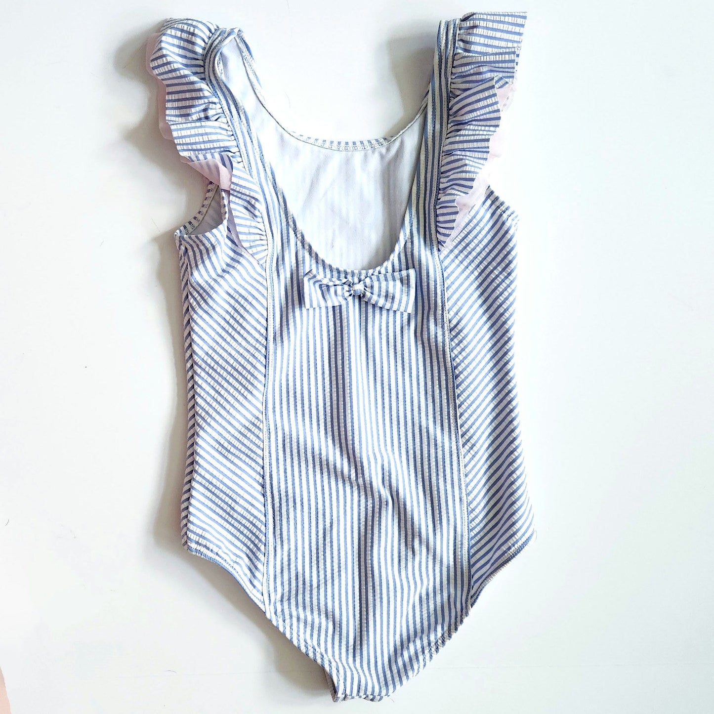 RuffleButts Blue & White Seersucker Waterfall One Piece Swimsuit Size 10