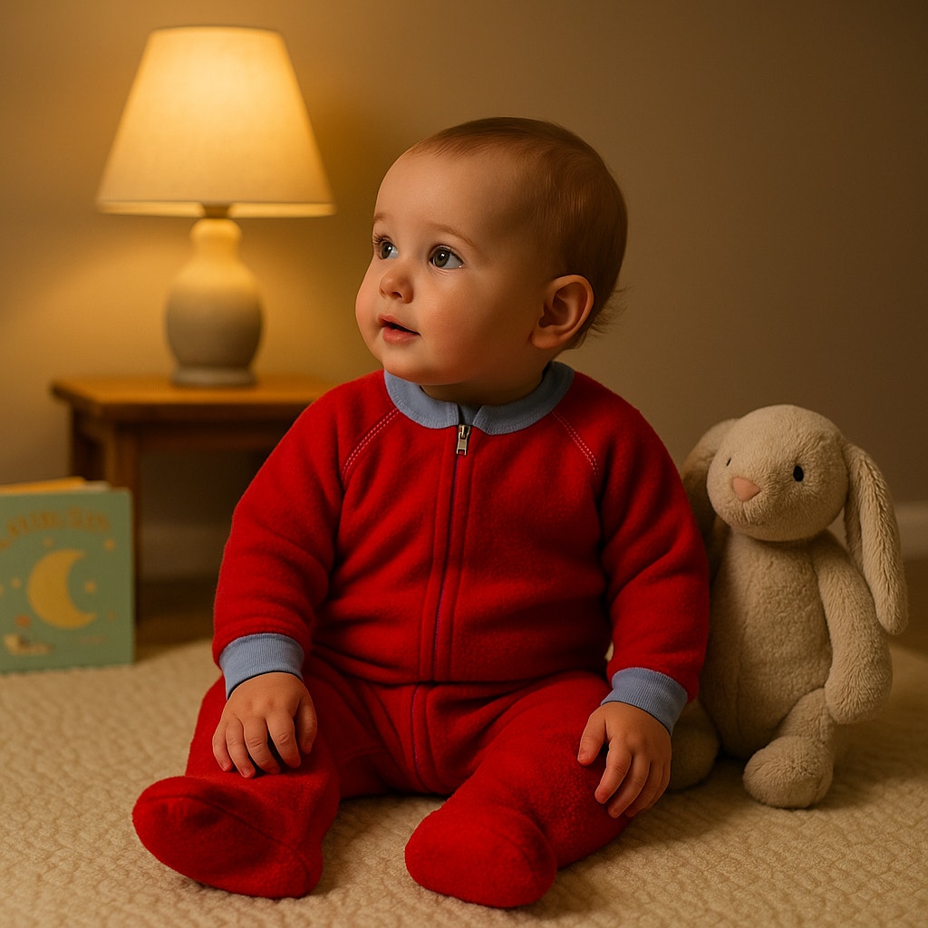 Vintage 1980s Gerber Red Fleece Infant Sleeper – Footed Baby Pajamas with Blue Trim | Zip Closure | Made in USA | Size 7-12 Months