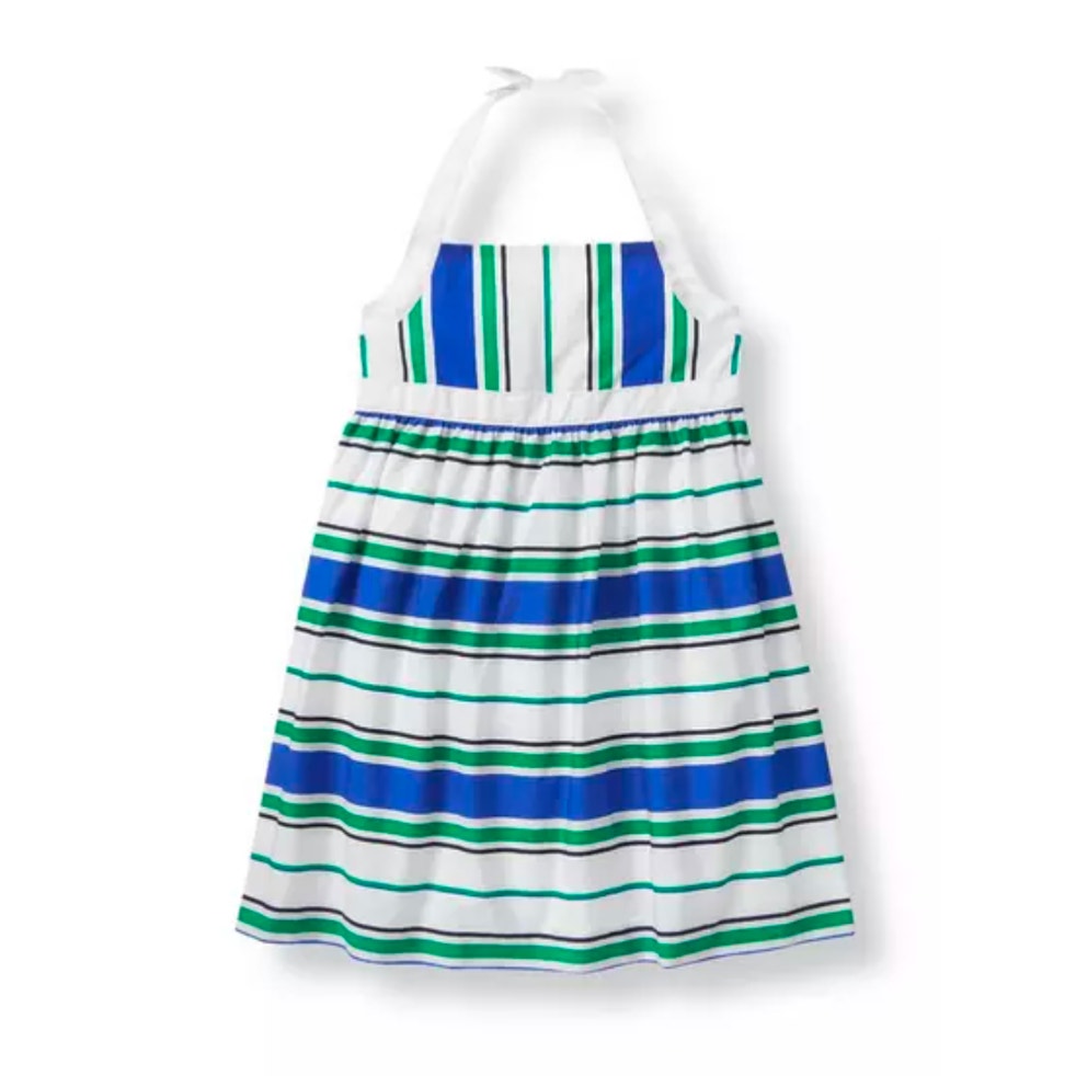 Janie and Jack Meadow Green & Blue Striped Poplin Halter Dress Size 6-12 months