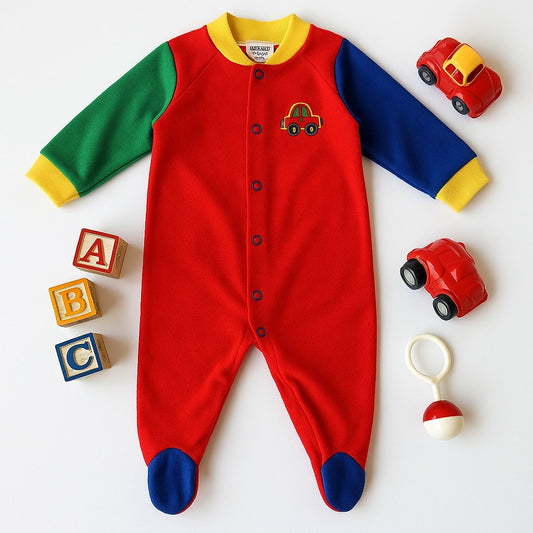 Vintage 1980s Playskool Baby Footed Sleeper – Colorblock Red Green Blue with Embroidered Car – Size Medium 3-6 Months USA Made