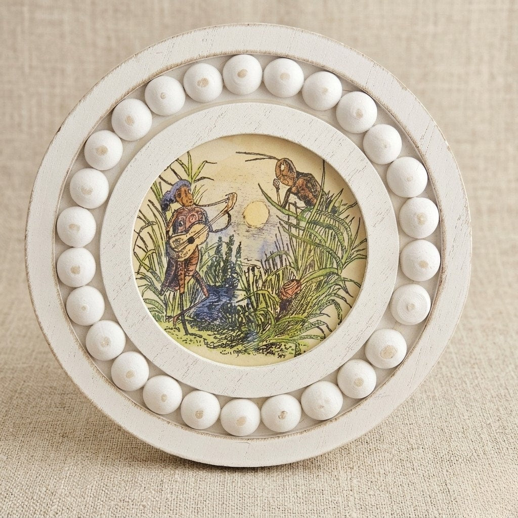 3x3 Grandville Anthropomorphic Grasshopper Framed Print | 3x3 Round Frame
