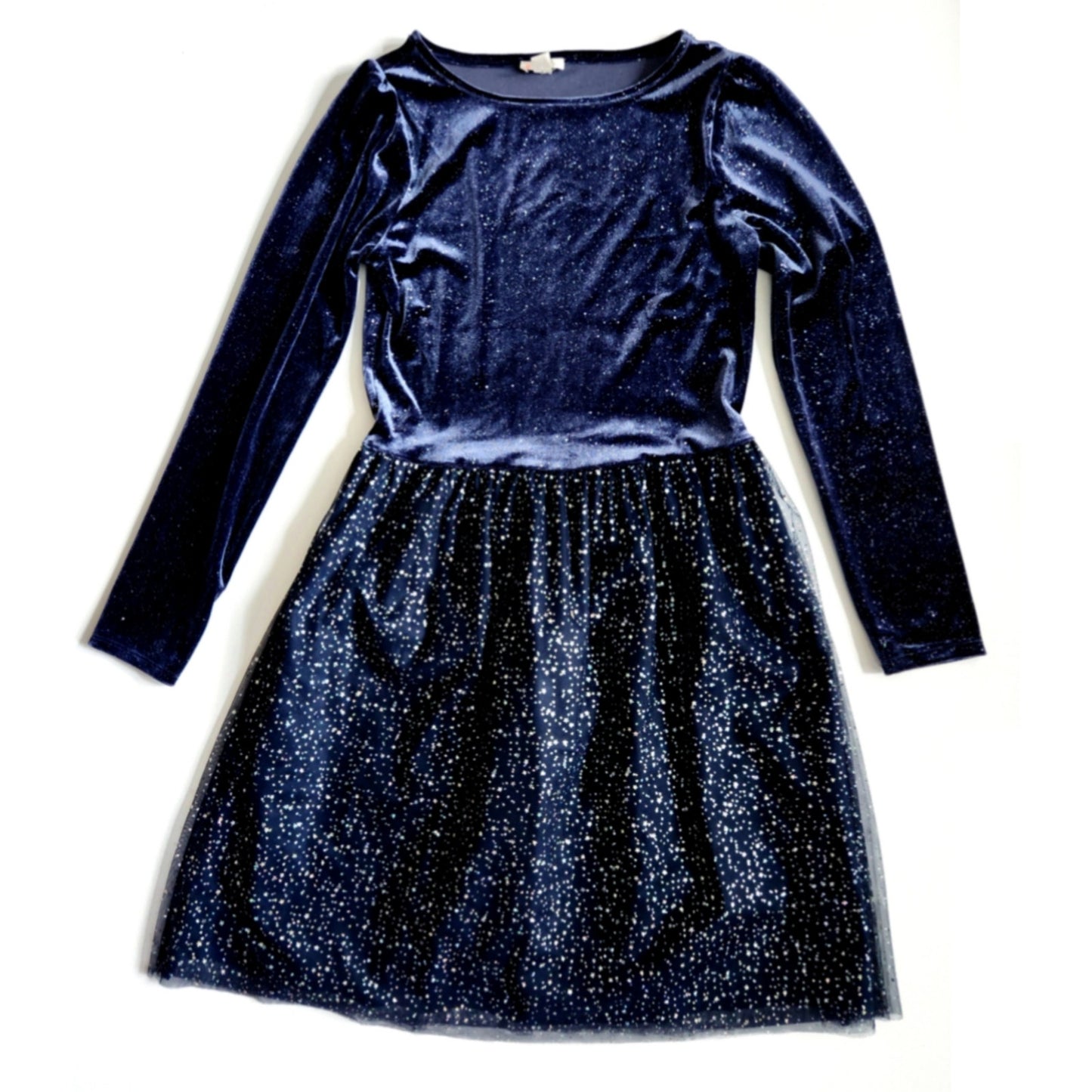 Crewcuts Girls’ Sparkle Velvet Dress Navy Blue XL – Long Sleeve Tulle Glitter Star Skirt Party Dress