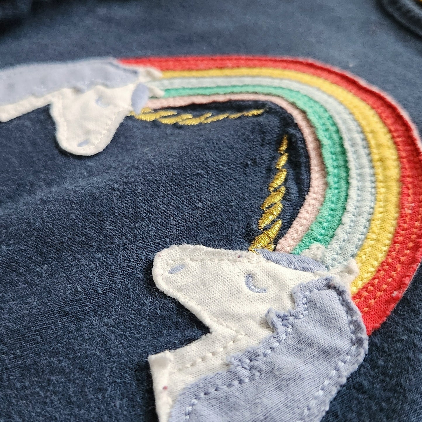 Mini Boden Navy Rainbow Unicorn Appliqué Dress | Girls Size 7-8 (128 cm) | Long Sleeve Tiered Twirl Dress