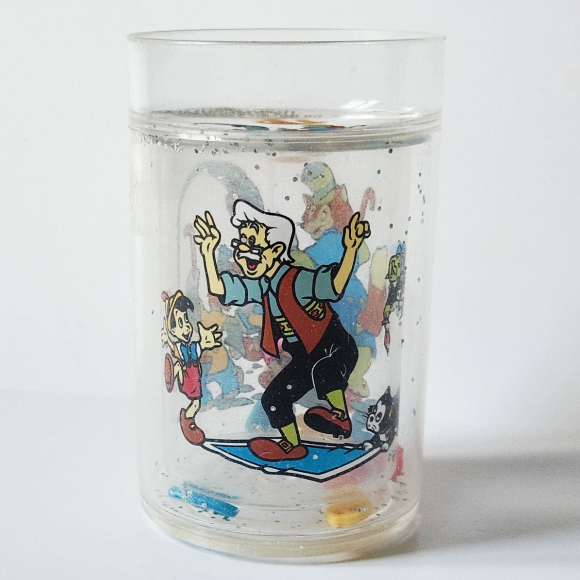Vintage 90s Kids Pinocchio Geppetto & Figaro Disney Glitter Snow Globe Cup / Tumbler