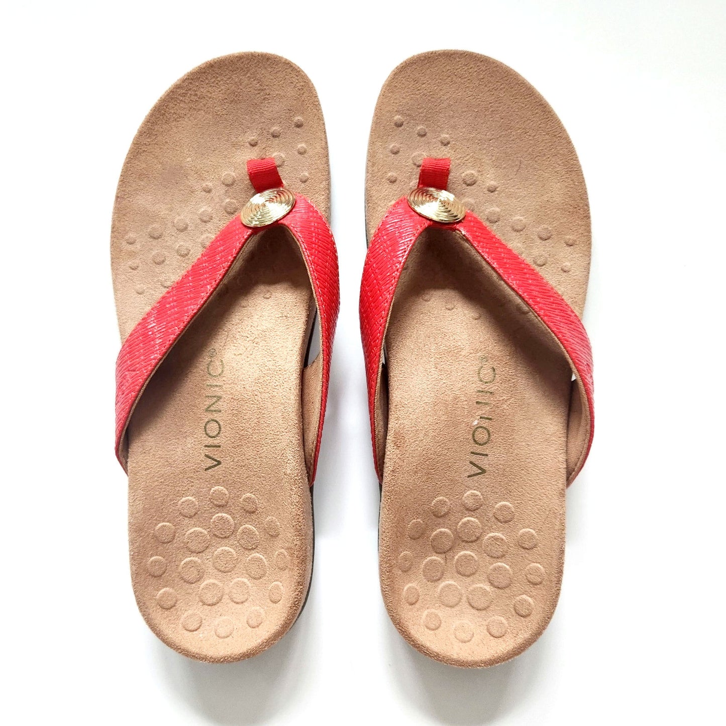 Vionic Women’s Hilda Woven Thong Sandal – Coral Red & Gold Size 7.5