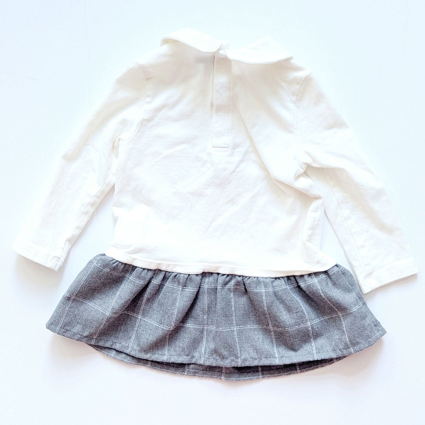 Original Marines Collared Teddy Bear Dress – White Long Sleeve Top with Gray Plaid Skirt, Cotton Blend | Baby Girl 6-9 Months