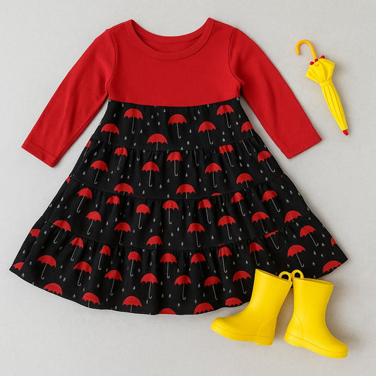 KicKee Baby Bamboo Umbrellas & Rain Clouds Long Sleeve Dress | Size 6-12M | NWT