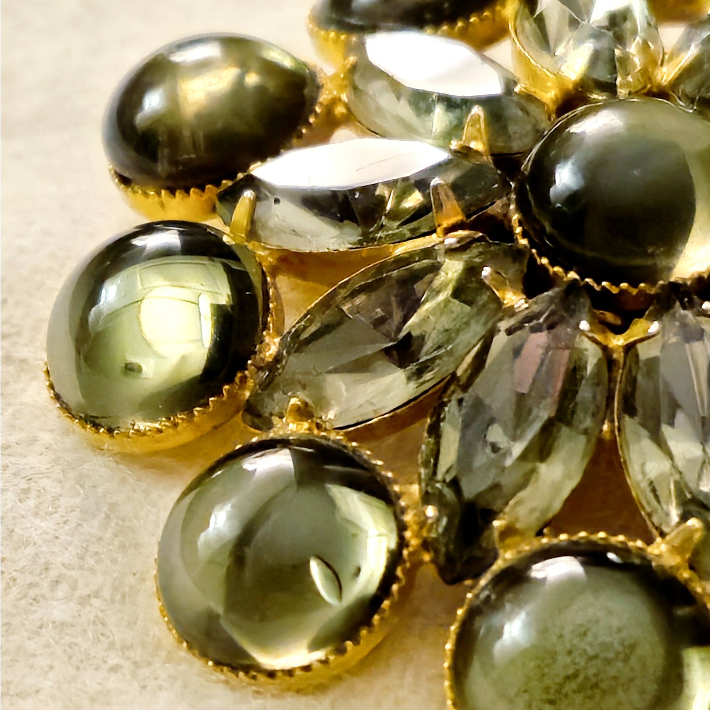 Vintage Olive Green and Smoky Rhinestone Brooch | Large Mid Century Statement Floral Cluster Pin