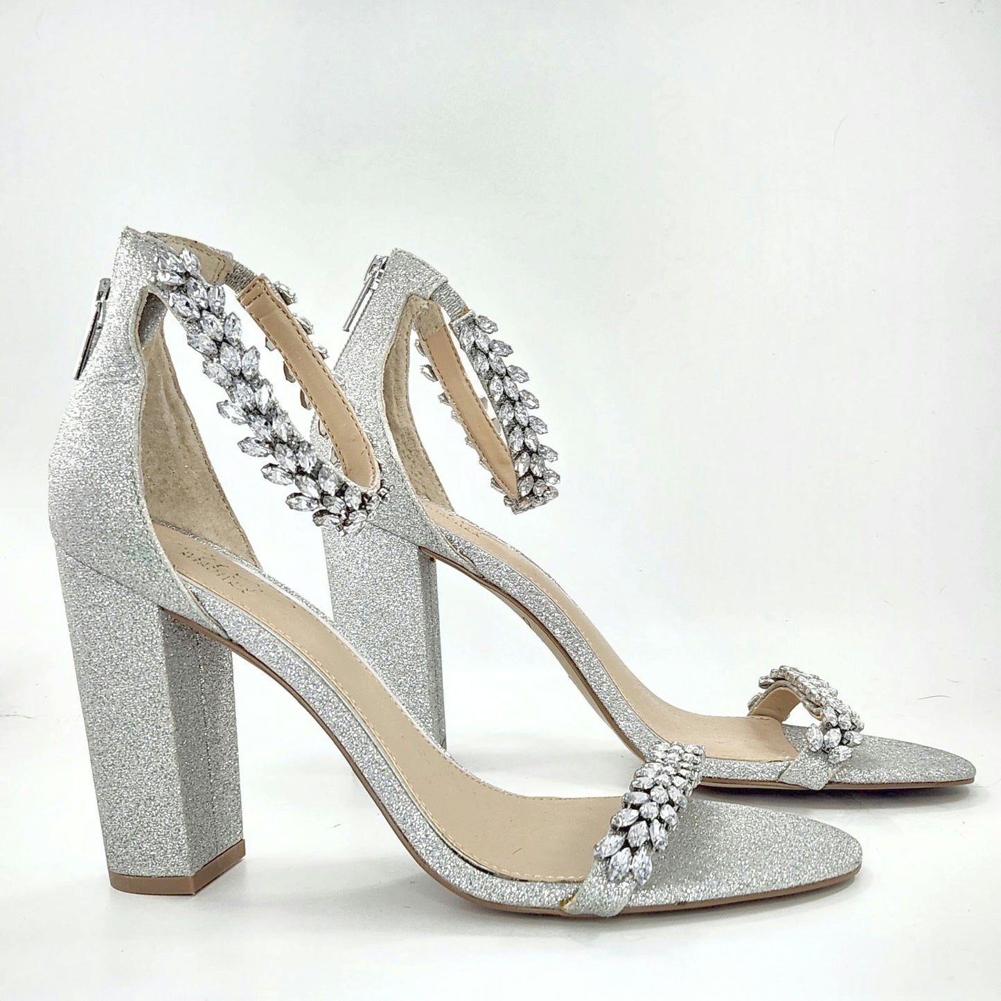 Jewel by Badgley Mischka Women’s Mayra Ankle Strap Evening Shoes – Silver – Size 9.5