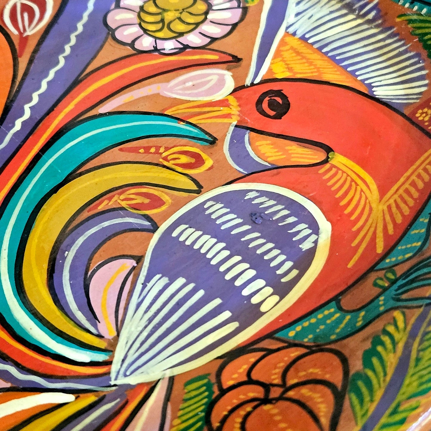 1980s Hand Painted Folk Art Terracotta Fish Tray Wall Plaque