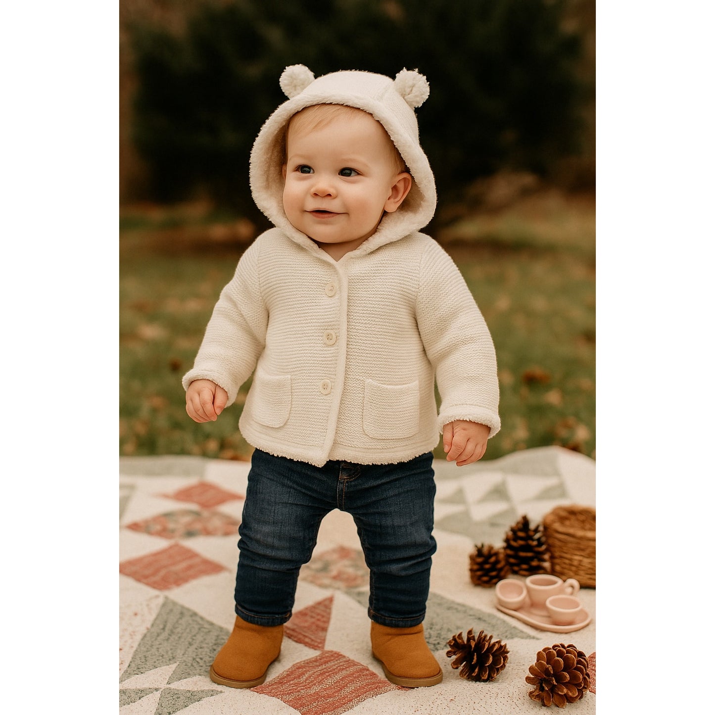 Baby Gap Ivory Sherpa Bear Ears Sweater Cardigan Jacket | Size 12-18 Months