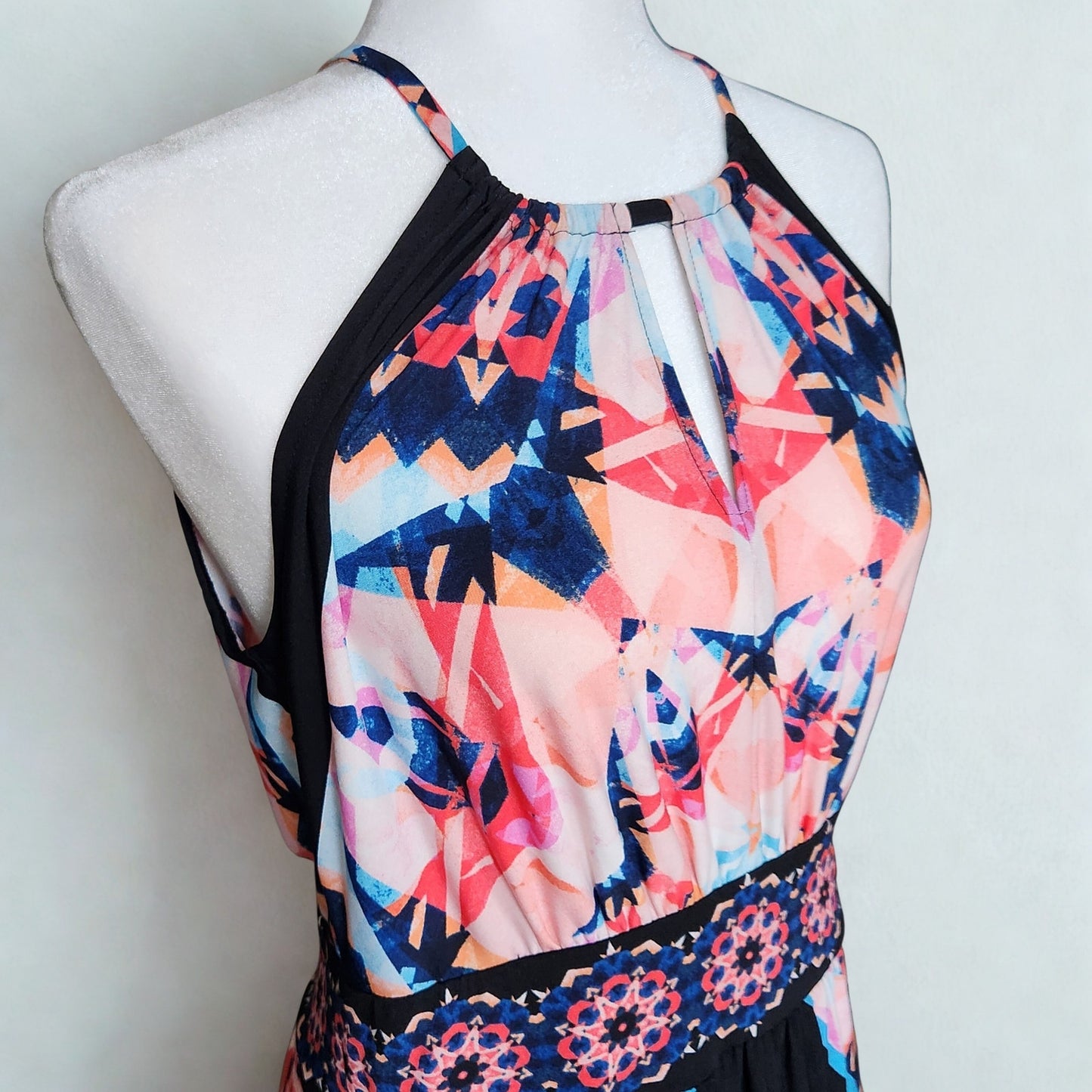 London Times Women's Halter Graphic Ikat Pink & Black Print Maxi Dress Size 10