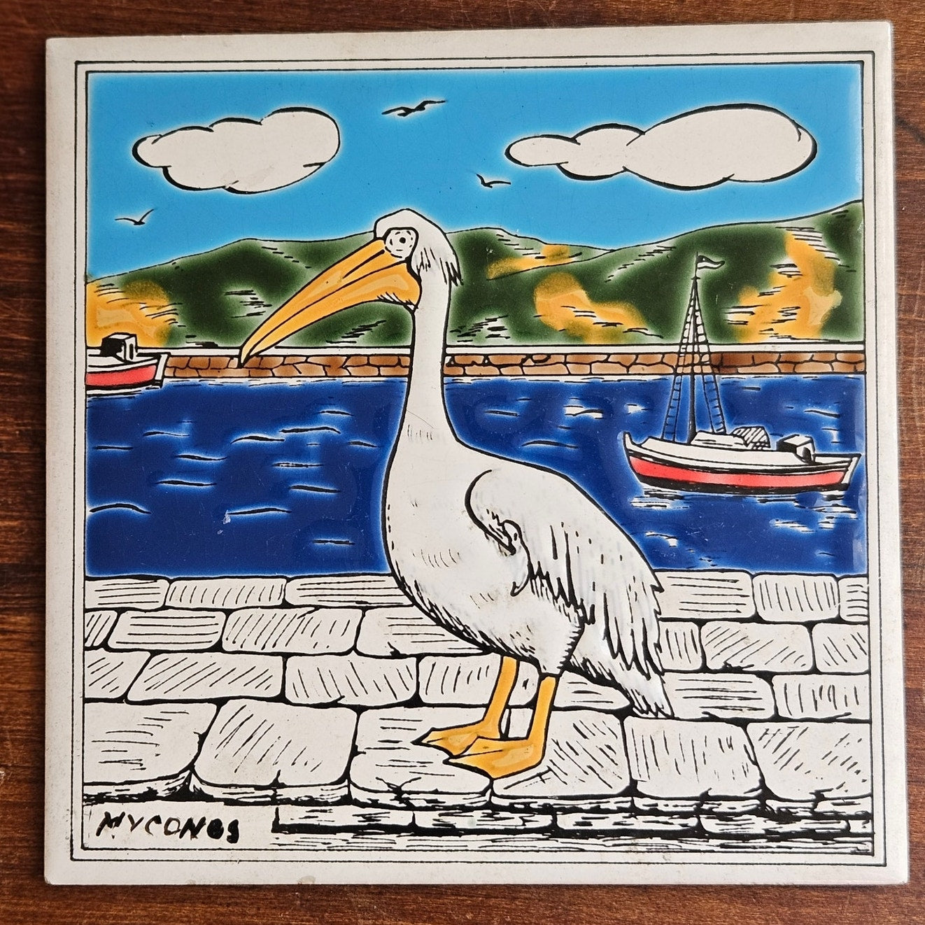 1970s Greek Ceramic Tile | Handmade Mykonos Pelican